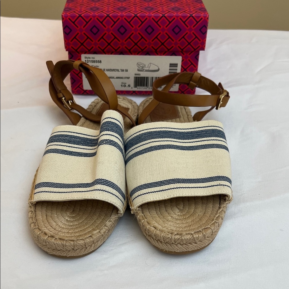 Tory Burch Stretch-Canvas Espadrille Sandal, Natural/Blue, 10.5